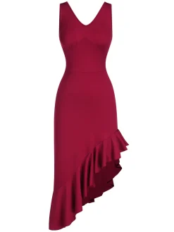 Fashion Retro Stage 1960s V-Neck Oblique Ruffled Hem Sleeveless Dress