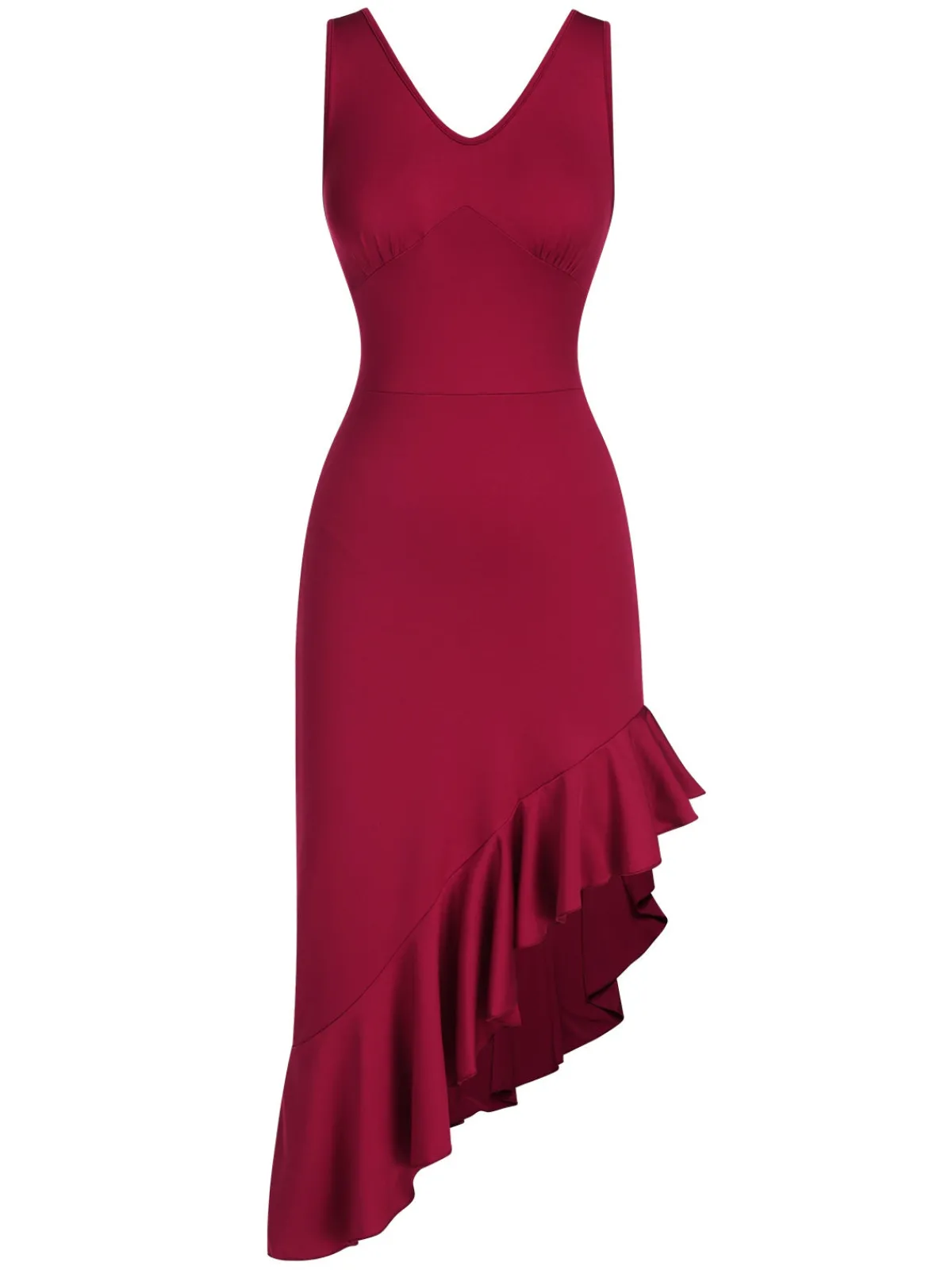 Fashion Retro Stage 1960s V-Neck Oblique Ruffled Hem Sleeveless Dress