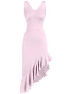 Fashion Retro Stage 1960s V-Neck Oblique Ruffled Hem Sleeveless Dress