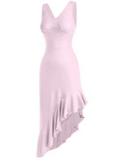 Fashion Retro Stage 1960s V-Neck Oblique Ruffled Hem Sleeveless Dress
