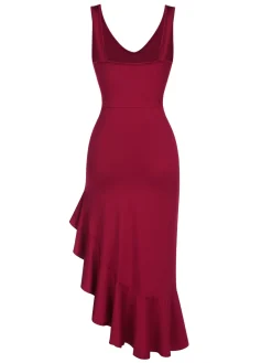 Fashion Retro Stage 1960s V-Neck Oblique Ruffled Hem Sleeveless Dress