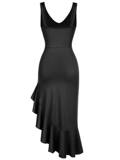 Fashion Retro Stage 1960s V-Neck Oblique Ruffled Hem Sleeveless Dress