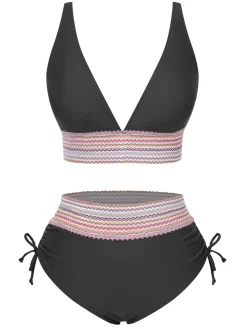 Hot Retro Stage 1970s V-Neck Patchwork High-Waist Bikini