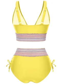Hot Retro Stage 1970s V-Neck Patchwork High-Waist Bikini