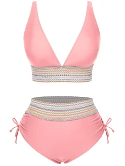 Hot Retro Stage 1970s V-Neck Patchwork High-Waist Bikini