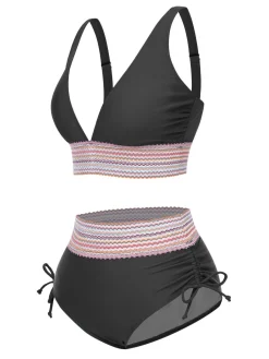 Hot Retro Stage 1970s V-Neck Patchwork High-Waist Bikini
