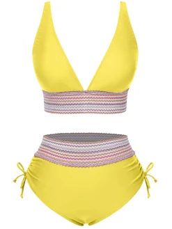Hot Retro Stage 1970s V-Neck Patchwork High-Waist Bikini