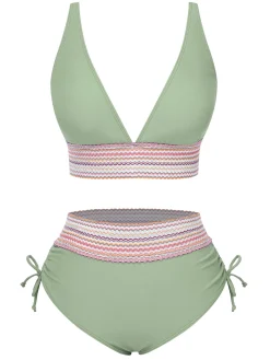 Online Retro Stage 1970s V-Neck Patchwork High-Waist Bikini