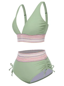 Online Retro Stage 1970s V-Neck Patchwork High-Waist Bikini