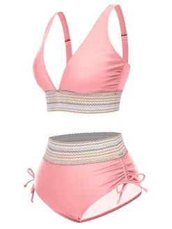 Online Retro Stage 1970s V-Neck Patchwork High-Waist Bikini