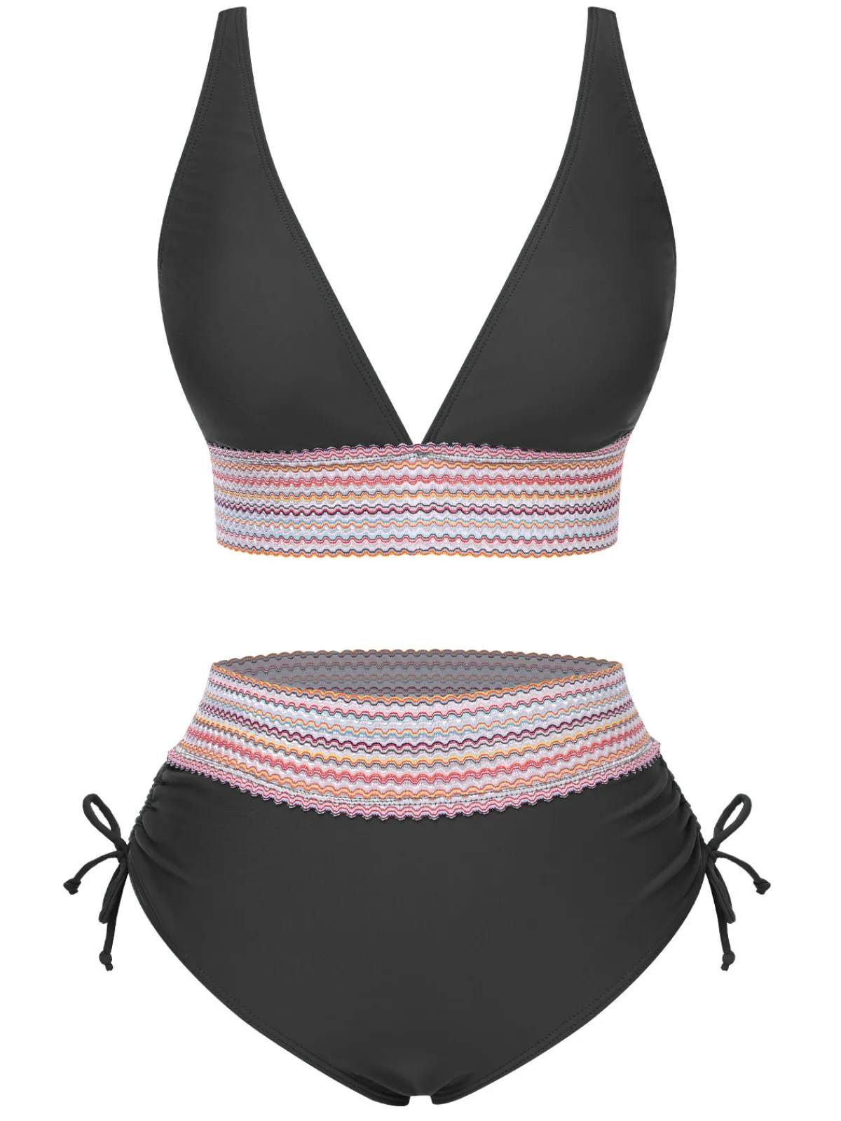 Online Retro Stage 1970s V-Neck Patchwork High-Waist Bikini