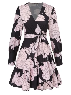 Hot Retro Stage 1940s V-Neck Peony Floral Belted Dress Black