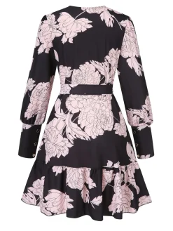 Hot Retro Stage 1940s V-Neck Peony Floral Belted Dress Black