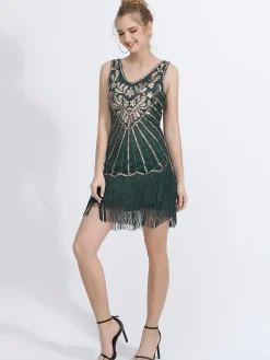 Online Retro Stage 1920s V-Neck Plants Tassel Sequined Dress
