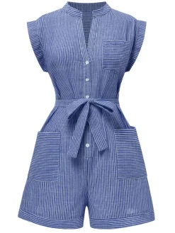 New Retro Stage 1940s V-Neck Pockets Belted Stripe Romper