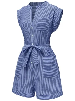 New Retro Stage 1940s V-Neck Pockets Belted Stripe Romper