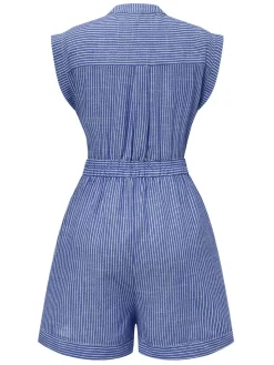 New Retro Stage 1940s V-Neck Pockets Belted Stripe Romper
