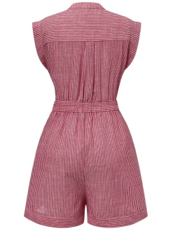 New Retro Stage 1940s V-Neck Pockets Belted Stripe Romper