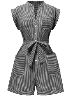 New Retro Stage 1940s V-Neck Pockets Belted Stripe Romper