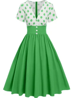 Sale Retro Stage 1950s V-Neck Polka Dots Swing Dress