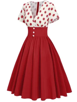 Sale Retro Stage 1950s V-Neck Polka Dots Swing Dress