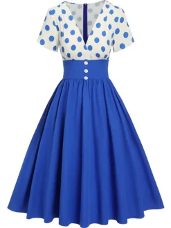 Sale Retro Stage 1950s V-Neck Polka Dots Swing Dress
