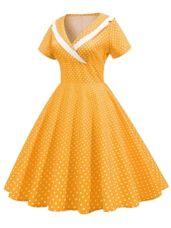 Outlet Retro Stage 1950s V-Neck Polka Dots Swing Dress