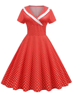 Outlet Retro Stage 1950s V-Neck Polka Dots Swing Dress