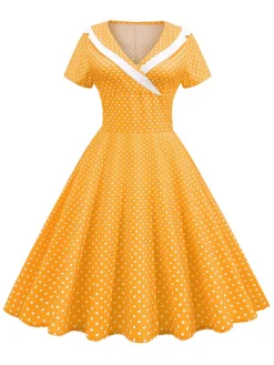 Outlet Retro Stage 1950s V-Neck Polka Dots Swing Dress