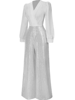 New Retro Stage 1930s V-Neck Puff Sleeve Sequins Wide-Leg Jumpsuit