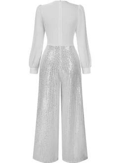 New Retro Stage 1930s V-Neck Puff Sleeve Sequins Wide-Leg Jumpsuit