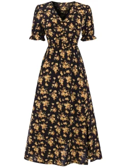 Discount Retro Stage 1940s V-Neck Ruffle Boho Floral Midi Dress