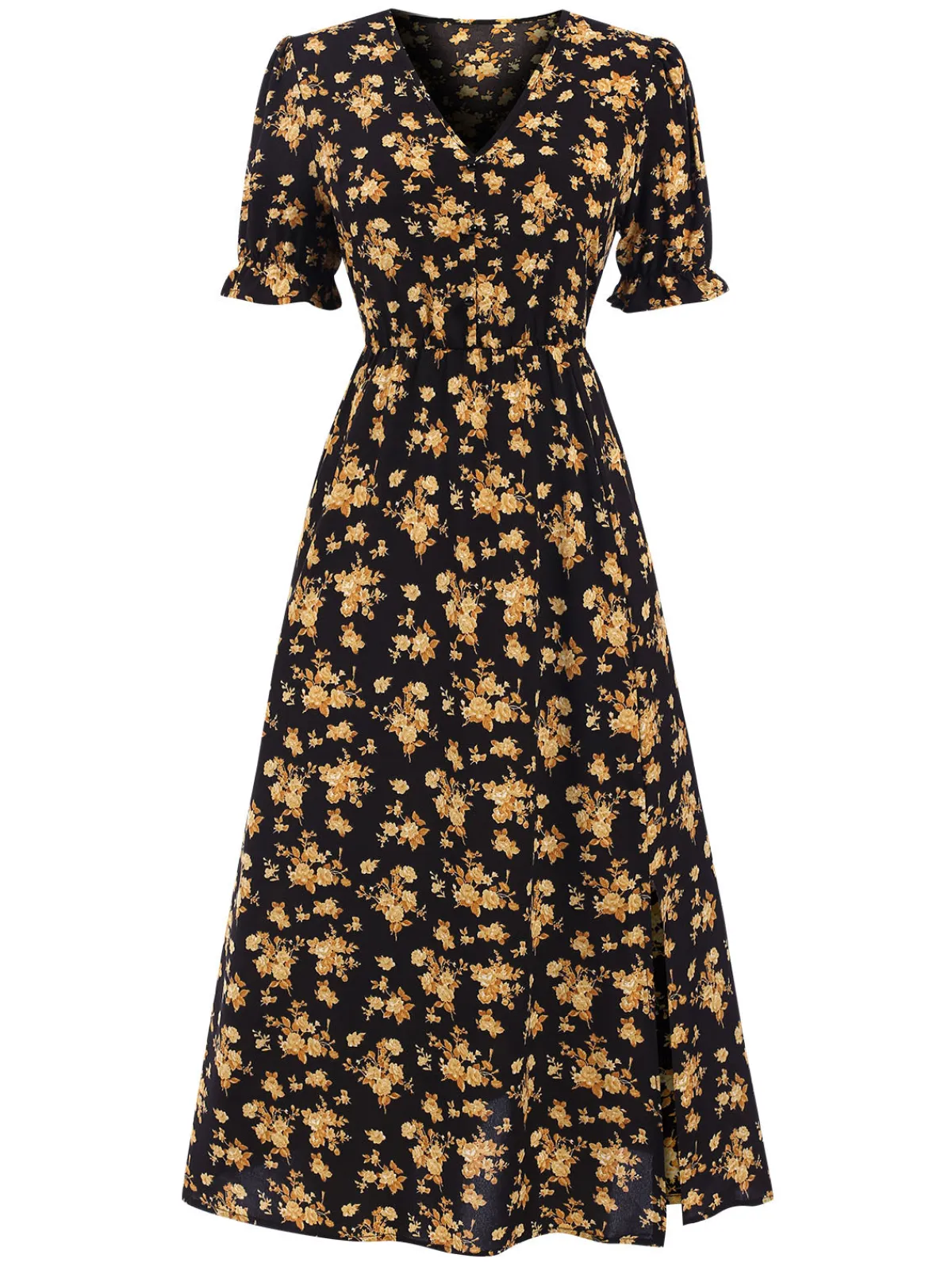 Discount Retro Stage 1940s V-Neck Ruffle Boho Floral Midi Dress