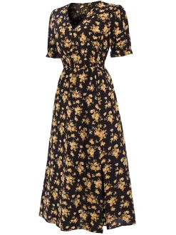 Discount Retro Stage 1940s V-Neck Ruffle Boho Floral Midi Dress