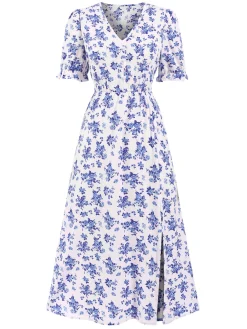 Discount Retro Stage 1940s V-Neck Ruffle Boho Floral Midi Dress