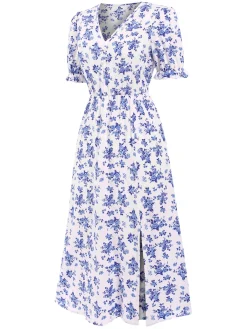 Discount Retro Stage 1940s V-Neck Ruffle Boho Floral Midi Dress