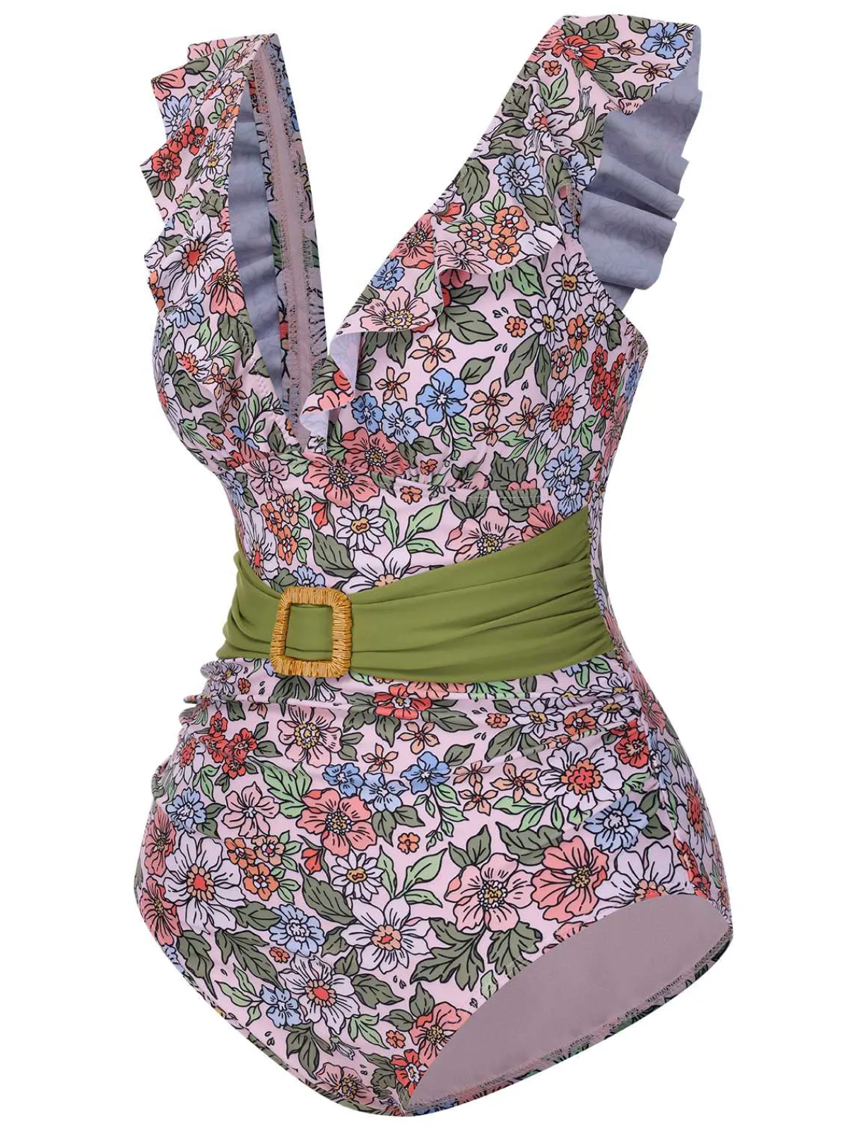 Sale Retro Stage 1950s V-Neck Ruffle Shoulder Belted Swimsuit