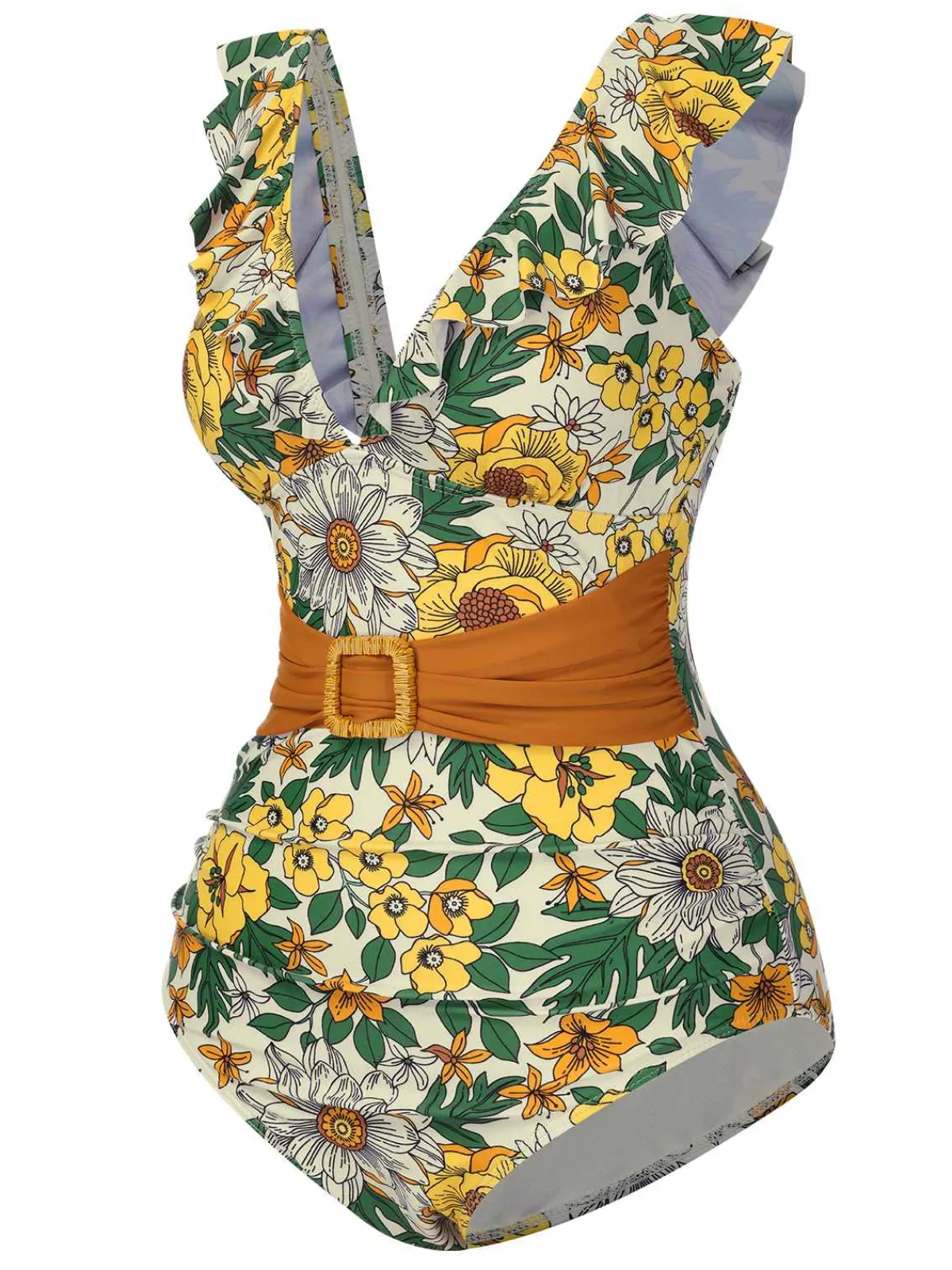 Sale Retro Stage 1950s V-Neck Ruffle Shoulder Belted Swimsuit