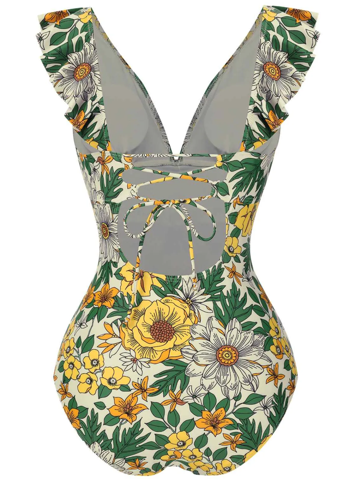 Sale Retro Stage 1950s V-Neck Ruffle Shoulder Belted Swimsuit