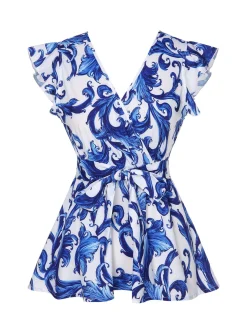 Fashion Retro Stage 1940s V-Neck Ruffles Floral Belted Blouse White & Blue