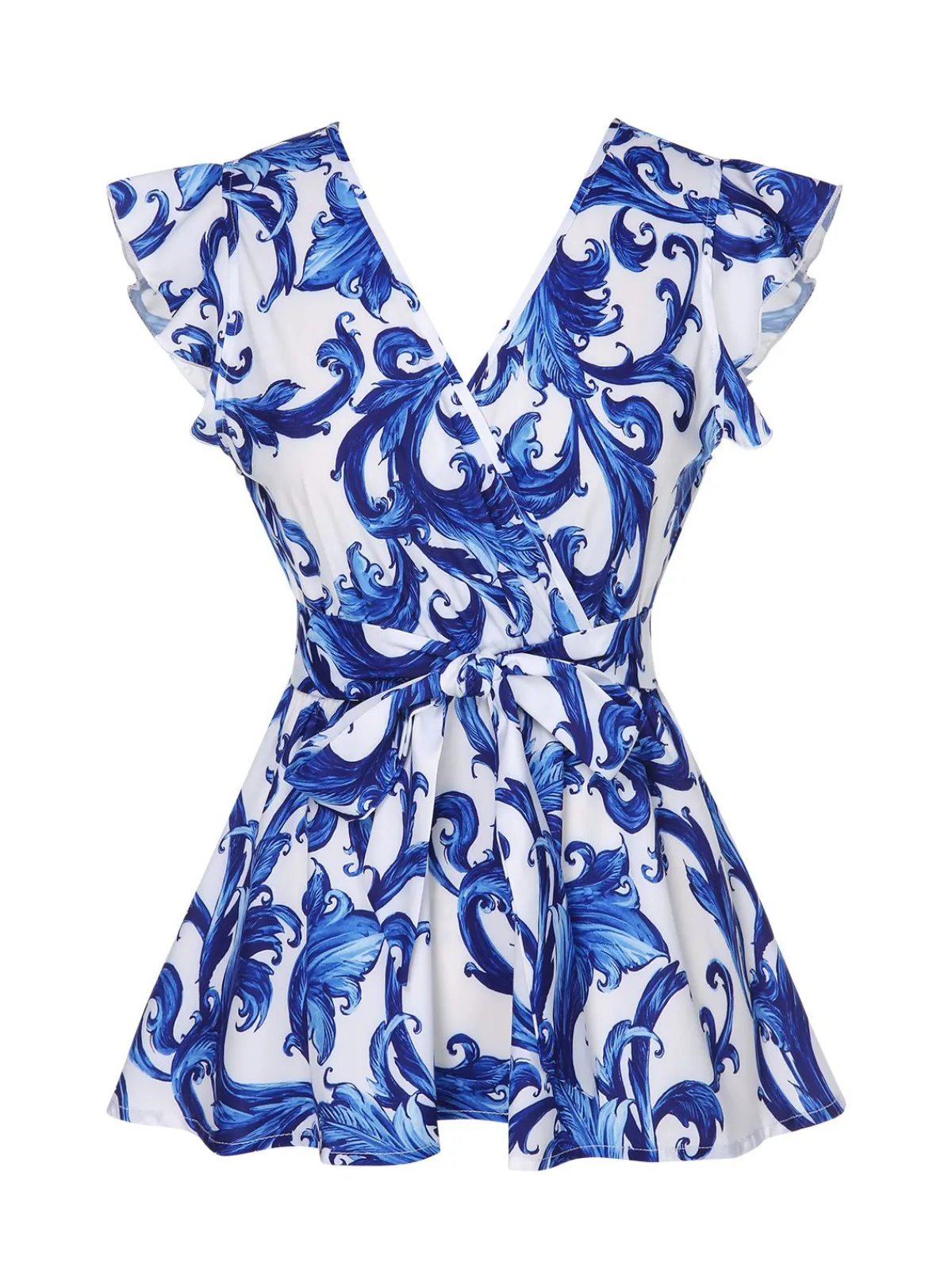 Fashion Retro Stage 1940s V-Neck Ruffles Floral Belted Blouse White & Blue