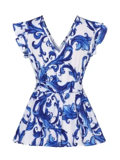 Fashion Retro Stage 1940s V-Neck Ruffles Floral Belted Blouse White & Blue