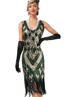 Clearance Retro Stage 1920s V-Neck Sequined Fringe Evening Dress
