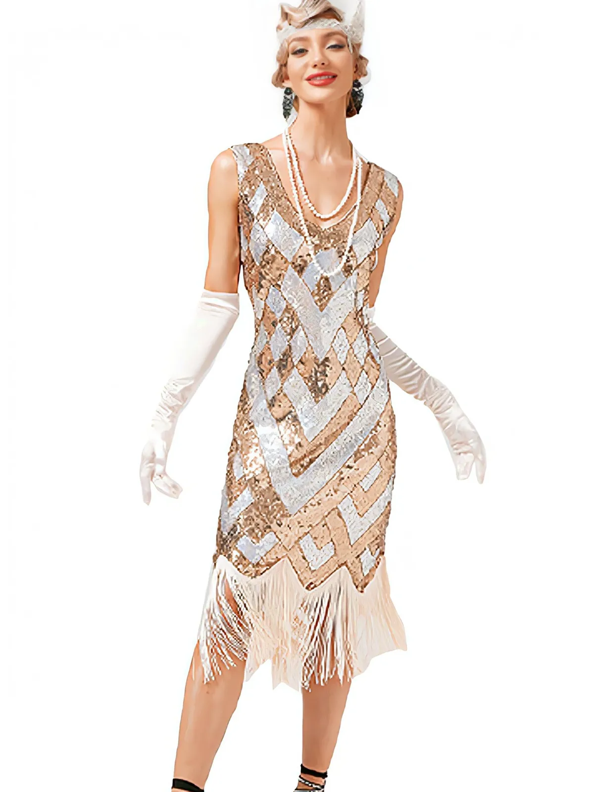 Clearance Retro Stage 1920s V-Neck Sequined Fringe Evening Dress