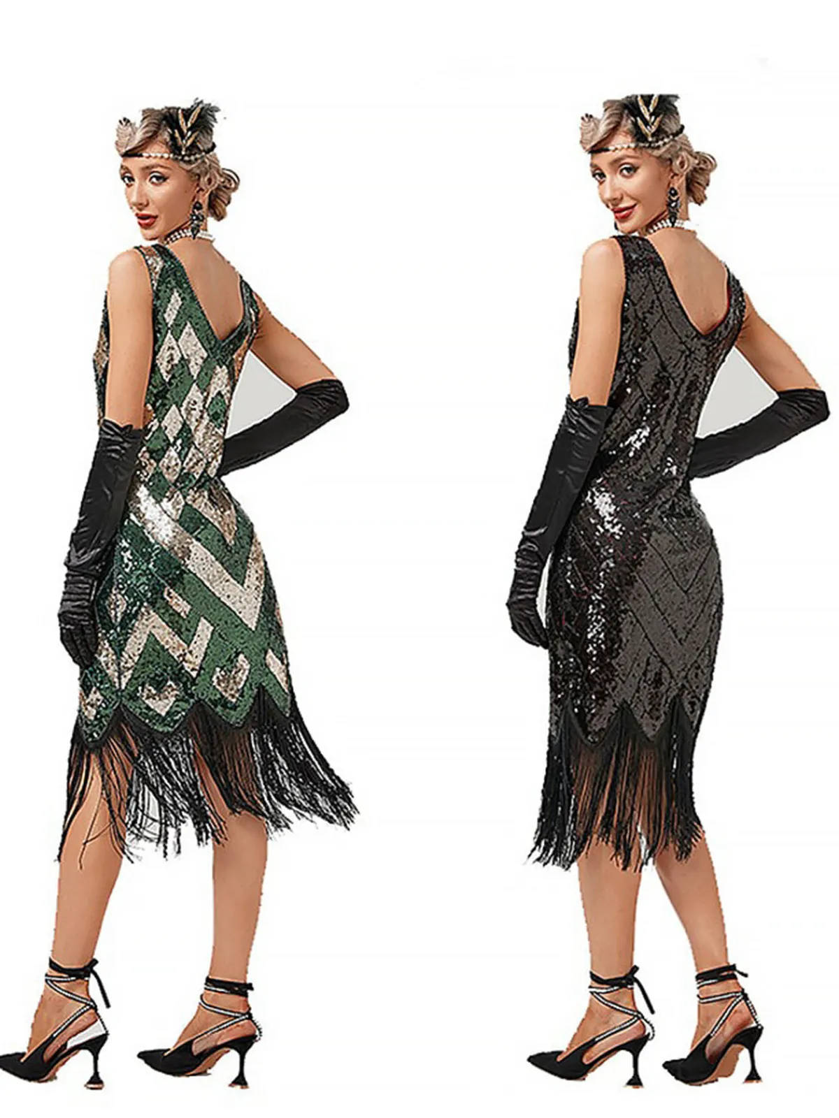 Clearance Retro Stage 1920s V-Neck Sequined Fringe Evening Dress