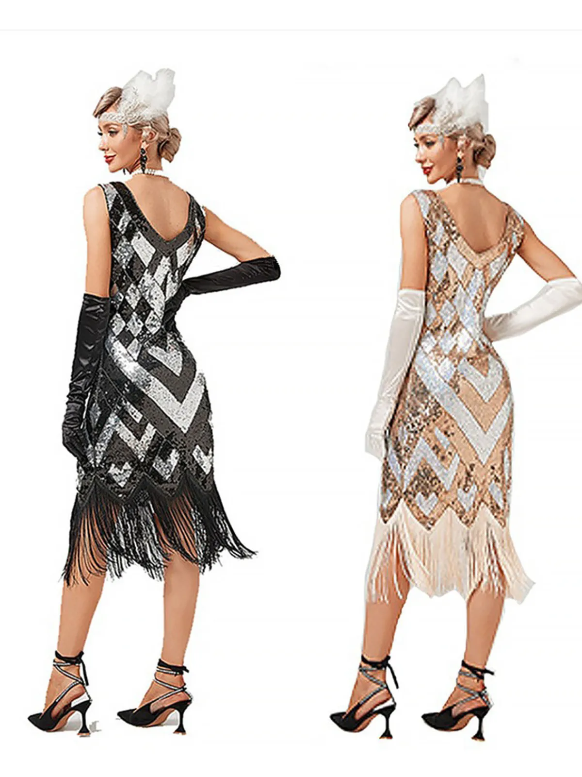 Clearance Retro Stage 1920s V-Neck Sequined Fringe Evening Dress