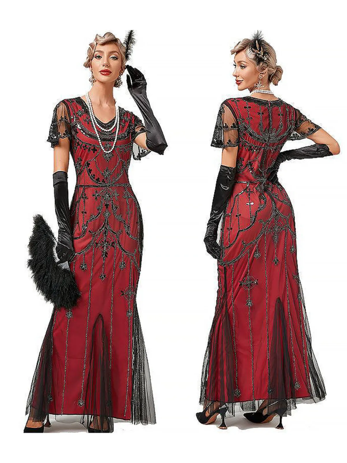 Online Retro Stage 1920s V-Neck Sequined Mesh Mermaid Formal Dress