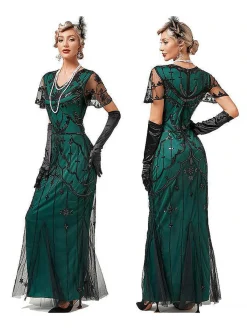 Online Retro Stage 1920s V-Neck Sequined Mesh Mermaid Formal Dress