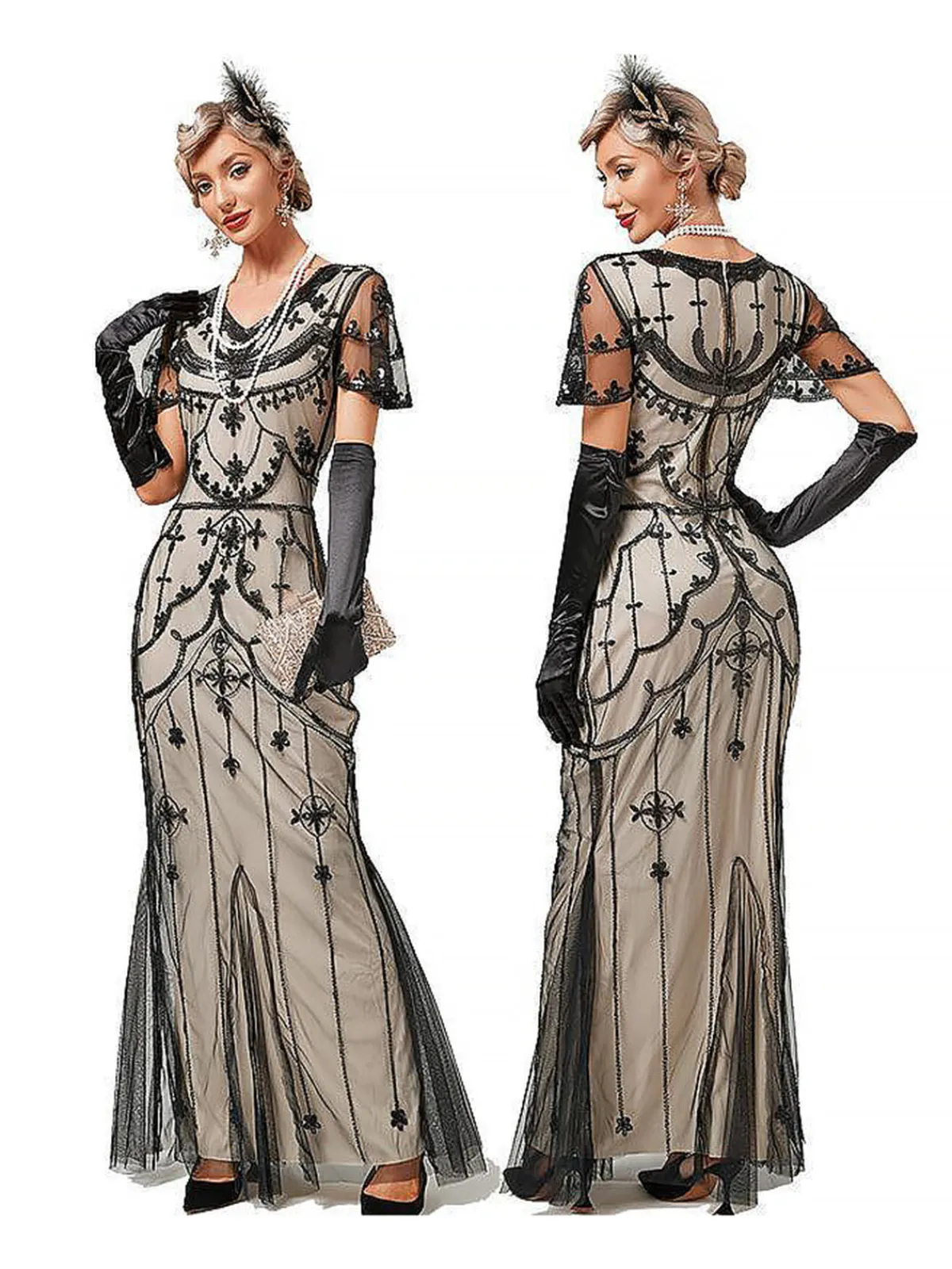 Online Retro Stage 1920s V-Neck Sequined Mesh Mermaid Formal Dress
