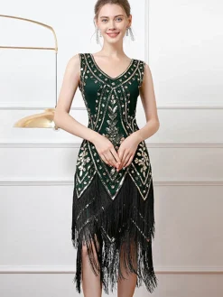 Outlet Retro Stage 1920s V-Neck Sequined Tassel Flapper Sleeveless Dress